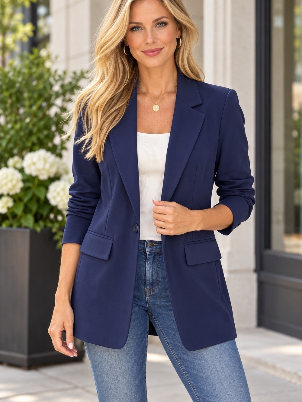 Boston Proper Blazer Womens 6 Blue Single Breasted Preppy Classic Office Stretch